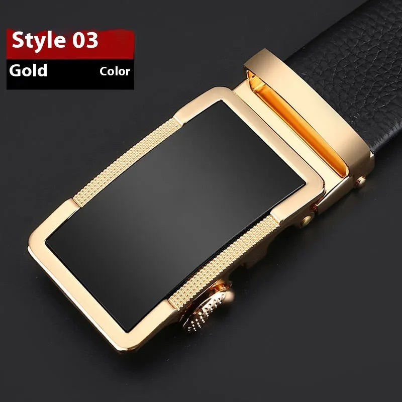 Men's leather belt with automatic Comfort Click buckle in gun black finish showing 2-4cm width