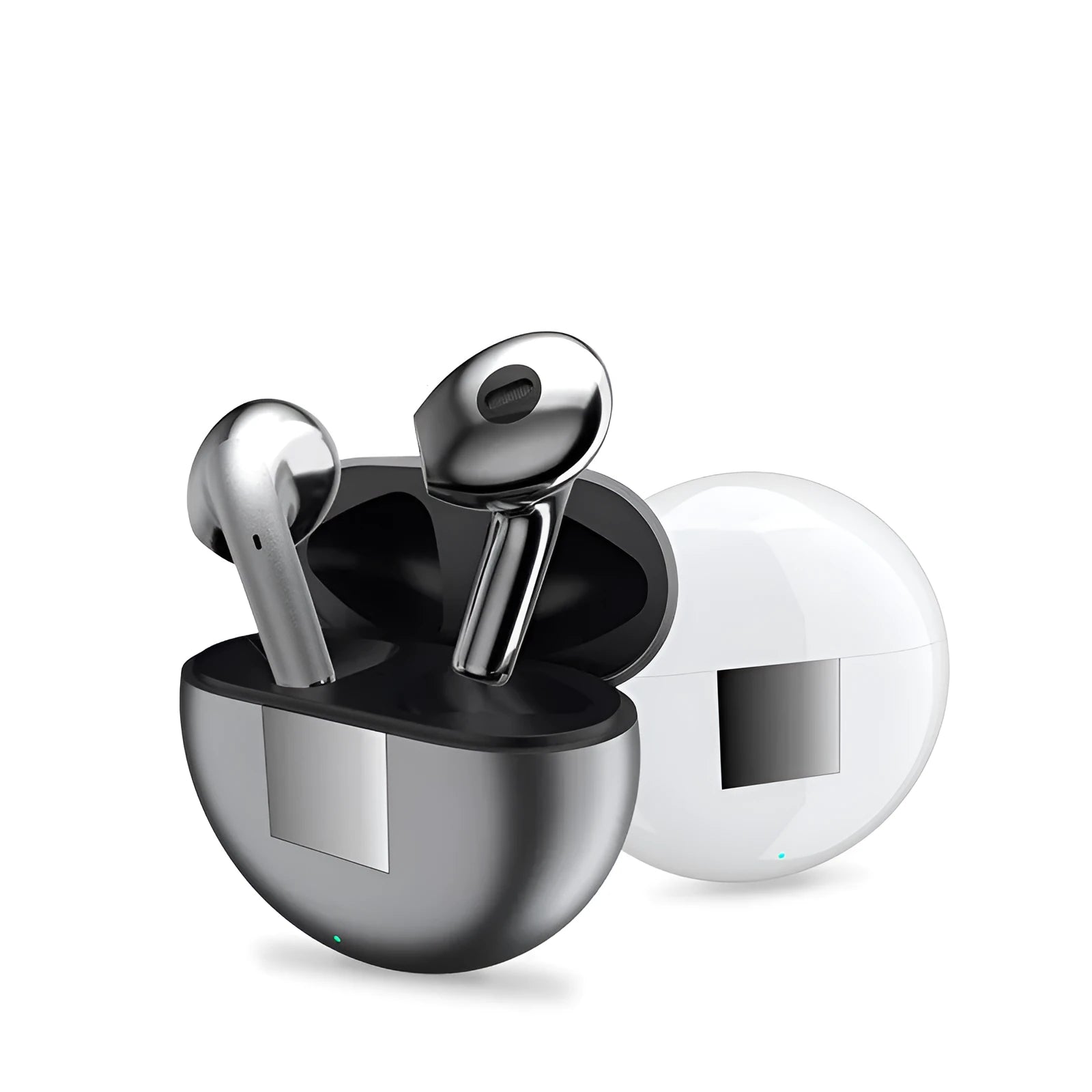 White Budz5 semi-in-ear Bluetooth headphones with charging case showing wireless design and noise reduction feature