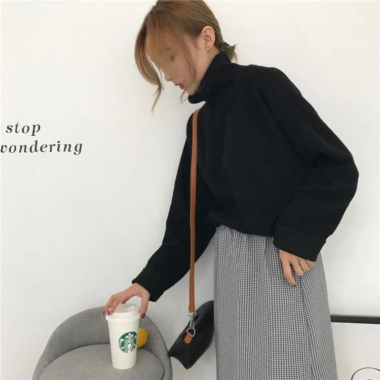 Women's half-high collar long sleeve loose top in solid apricot colour