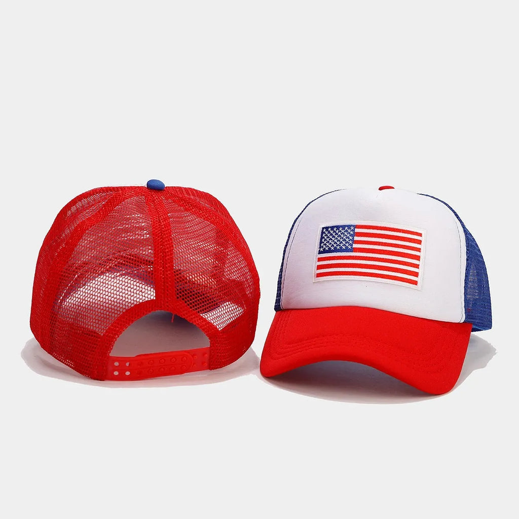 Red and blue contrast baseball cap with mesh breathable crown and adjustable strap