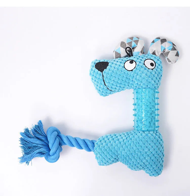 Blue TPR corn kernel dog toy in Fox shape with attached cotton rope tail