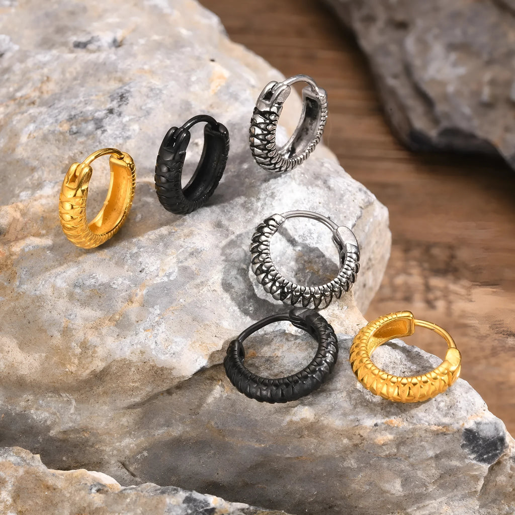 Stainless steel men's earrings with snake pattern design in black and gold colour options