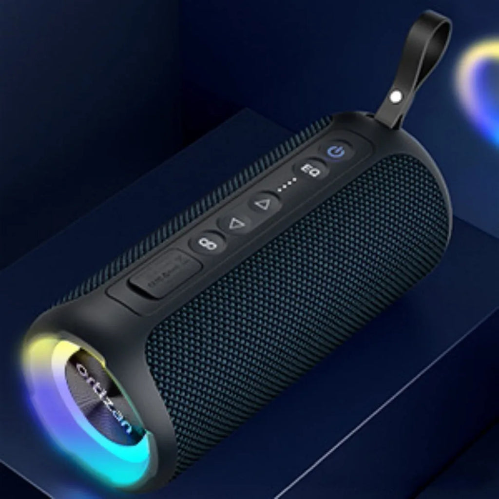 Black and blue 40W wireless Bluetooth fabric speaker with lighting effects showing front view