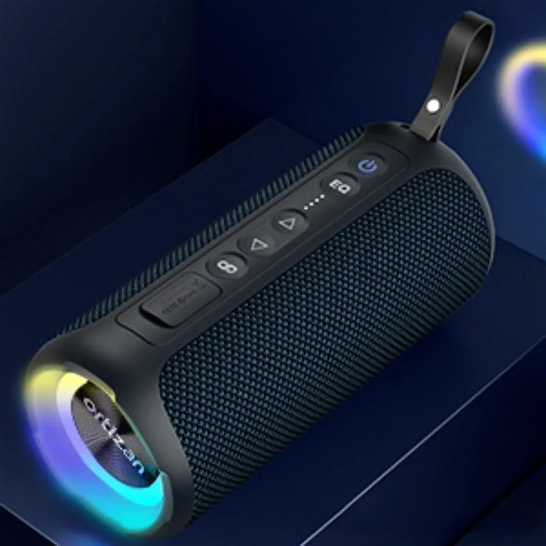 Black and blue 40W wireless Bluetooth fabric speaker with lighting effects showing front view