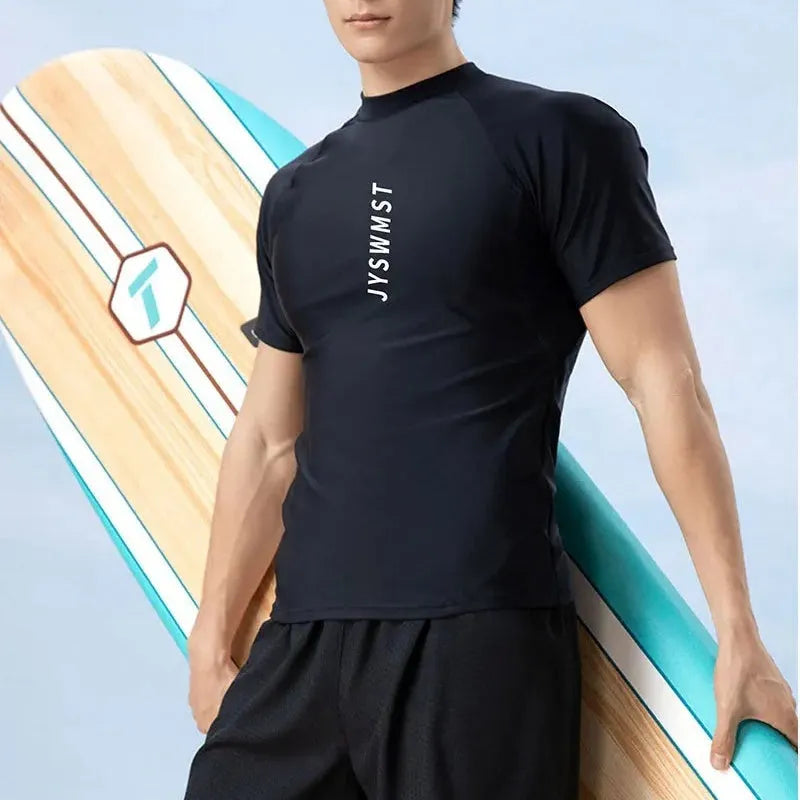 Men's patterned polyester swimsuit set on a mannequin, showing the top and trousers.