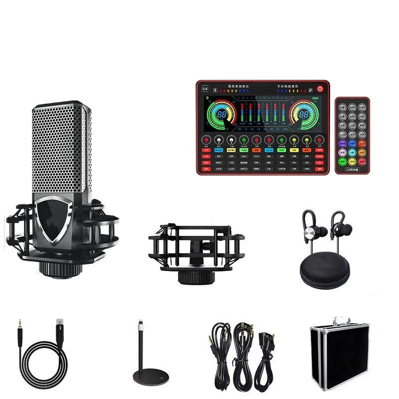 G4 professional sound card set with mixer, large diaphragm microphone, remote control, and audio cables on a desk.