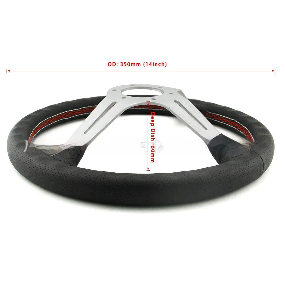 14-inch leather steering wheel with middle concave design showing black skeleton frame