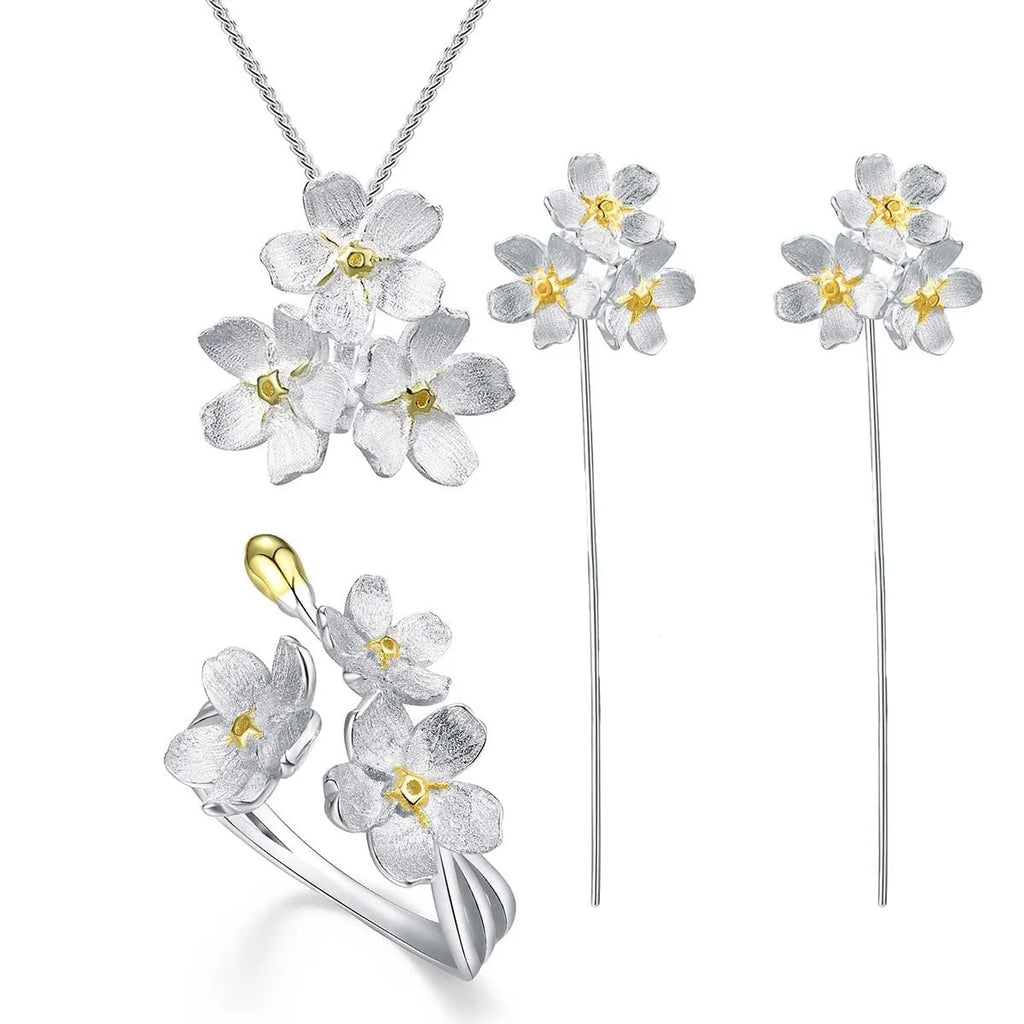 Myosotis Sylvatica sterling silver pendant with pastoral style floral design, gold or silver electroplated finish