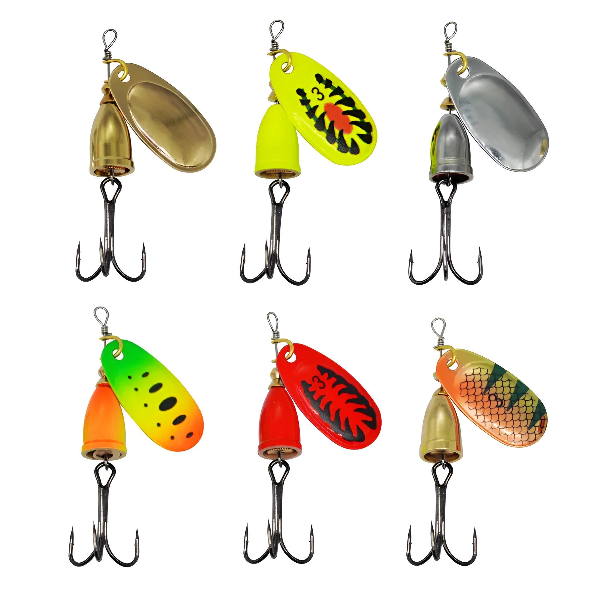 R Composite Rotating Sequins Copper Bell metal fishing lure in multiple colours including yellow green, gold, red, and silver.