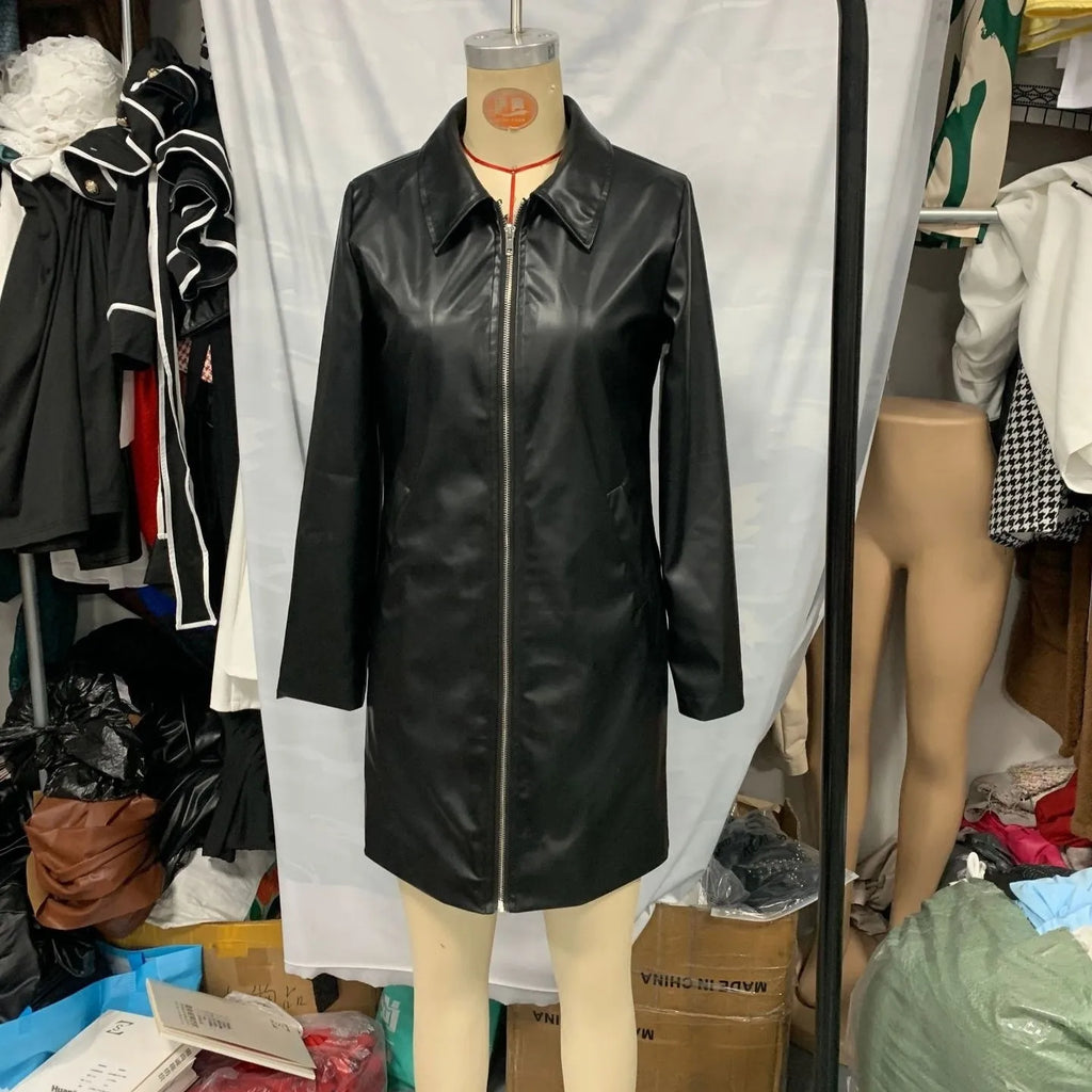 Women's black polyester leather-style jacket with long sleeves and medium length