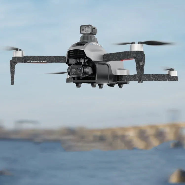 White folding quadcopter drone with camera and obstacle avoidance sensors on a grey background.