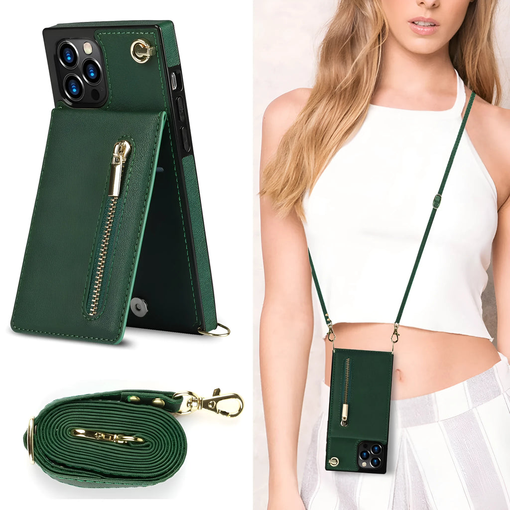 Leather and TPU mobile phone case in black, shown on a compatible smartphone.