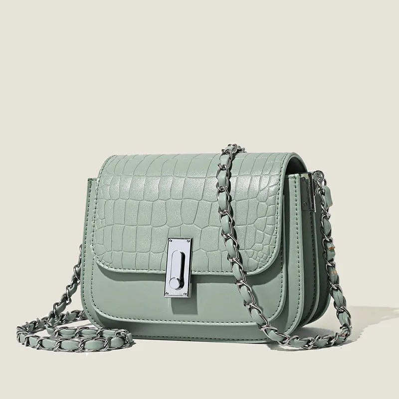 Women's soft PU chain strap shoulder bag in horizontal square shape with mobile phone compartment