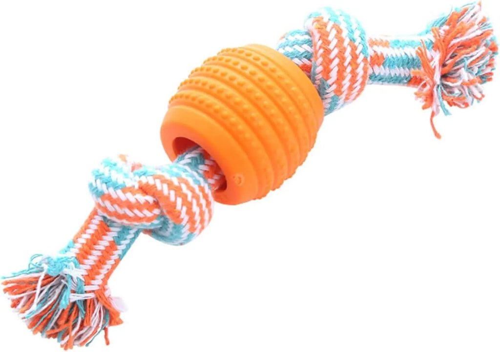 Set of four colourful soft dog chew toys with molar shapes and rope ends on a white background.