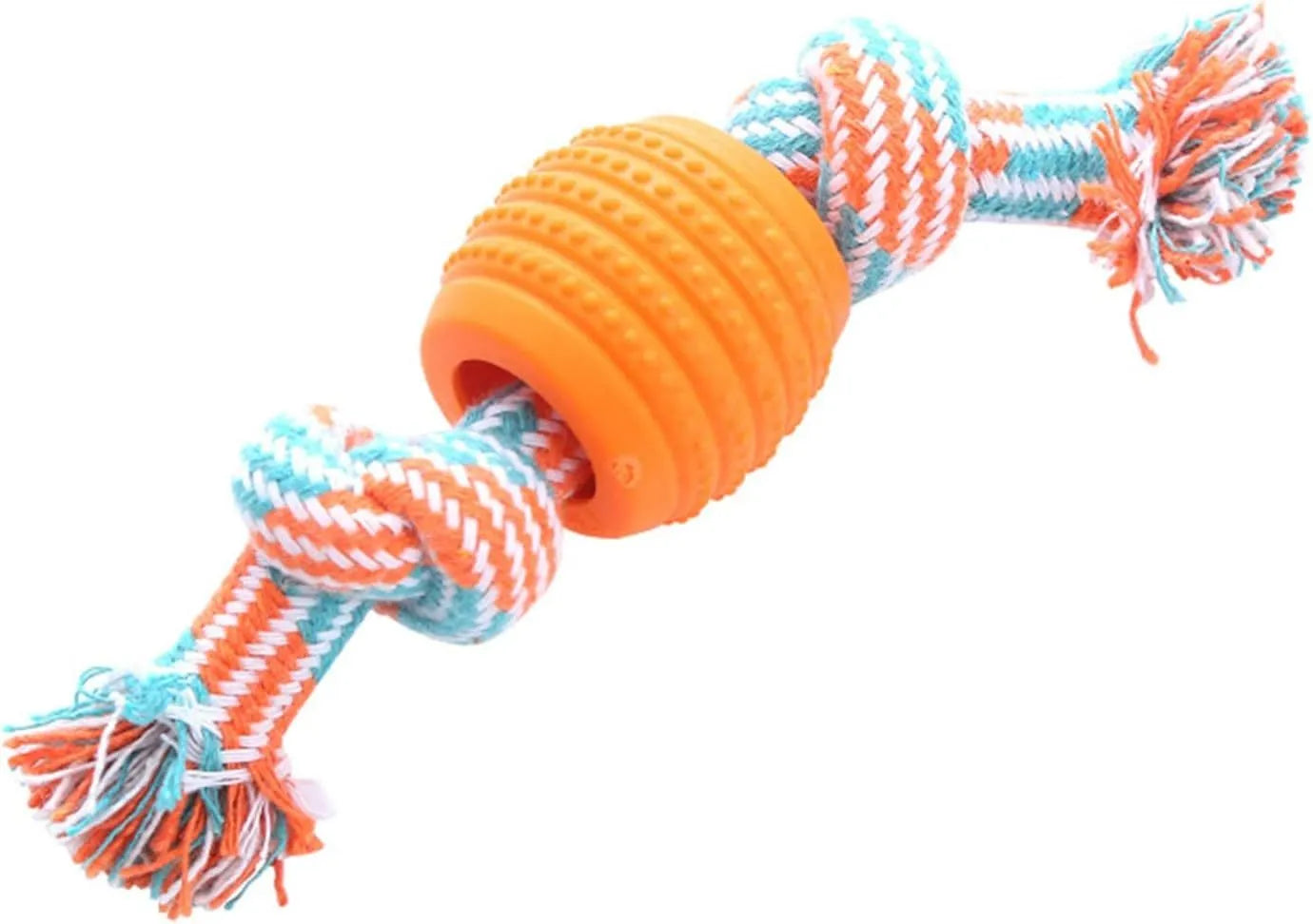 Set of four colourful soft dog chew toys with molar shapes and rope ends on a white background.
