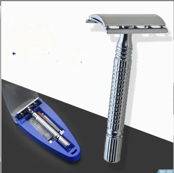 Double-edged safety razor with storage box and blade for traditional wet shaving