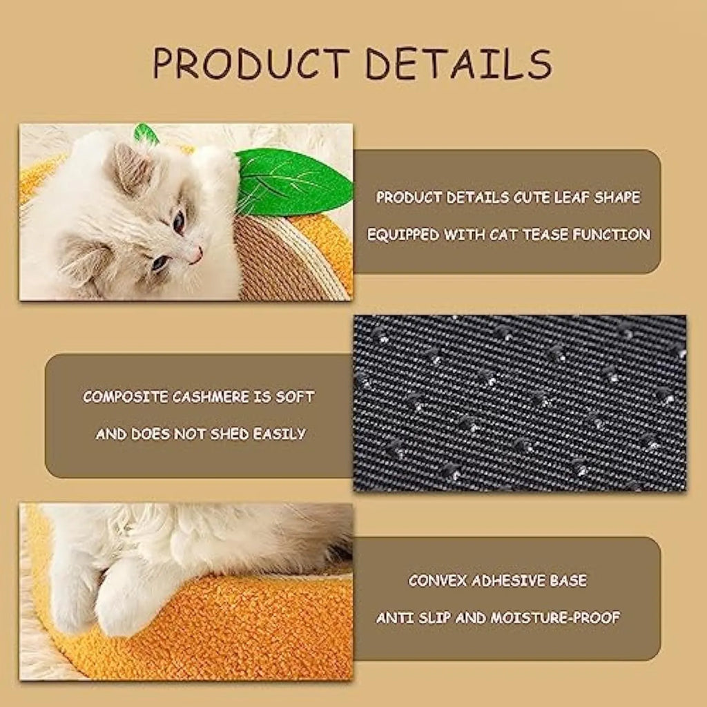 Yellow round sisal cat scratching board and bed combo for small breed cats.
