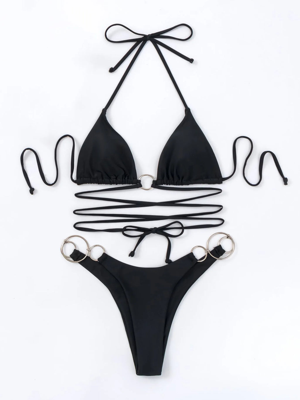 Black women's bikini swimsuit with metal rings and long adjustable straps on a mannequin.