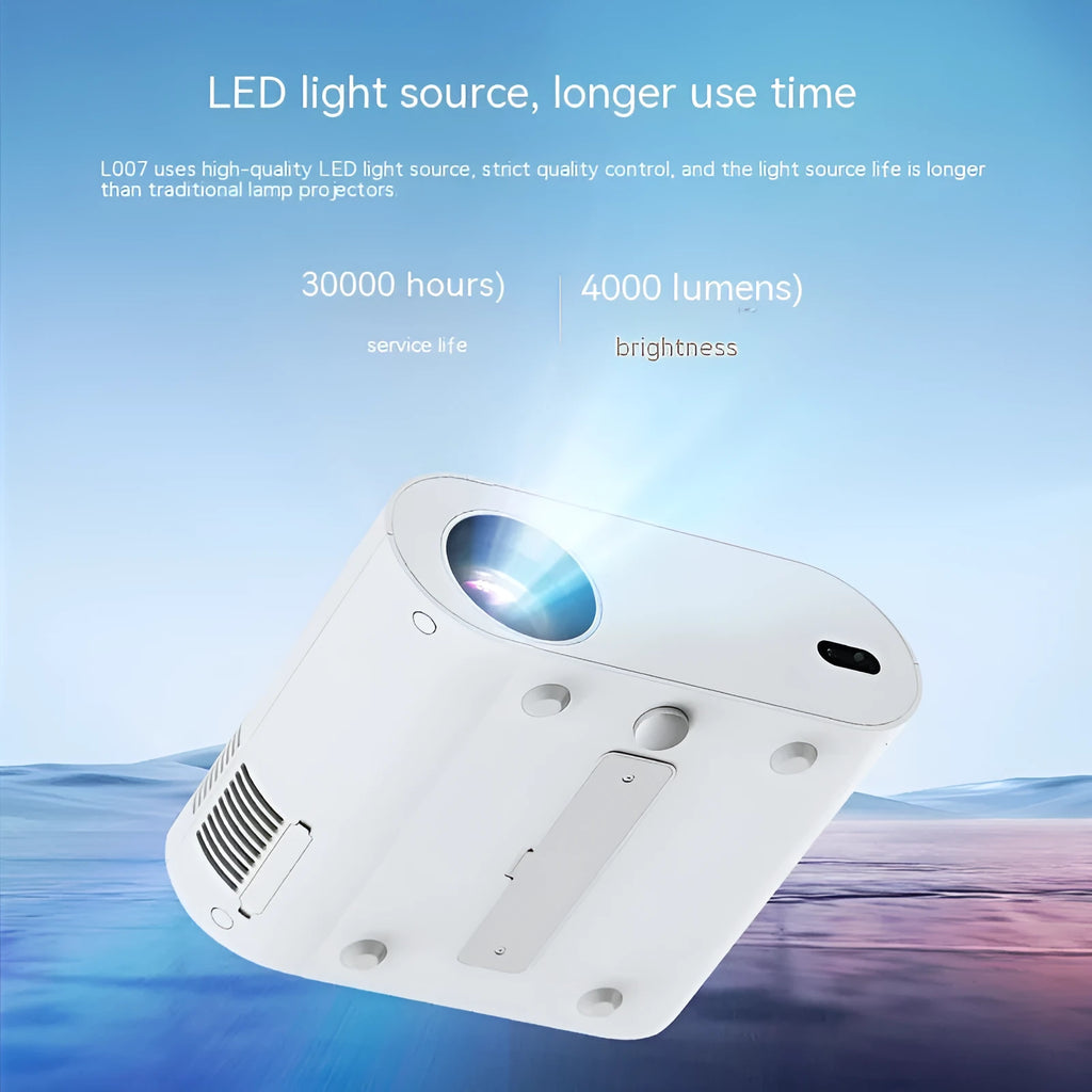 White T07 Full HD smart projector with remote control on a table.
