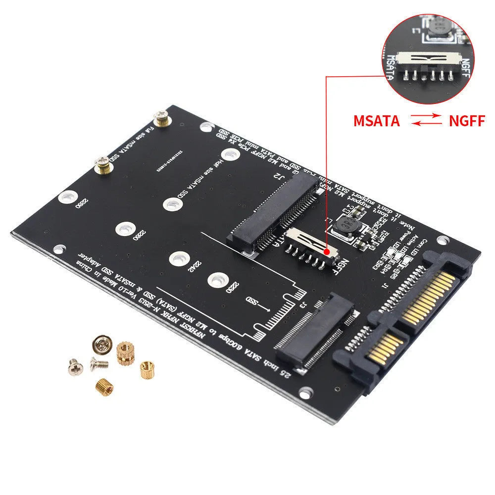 Black SATA3 to M2 NGFF MSATA SSD conversion adapter card with connectors