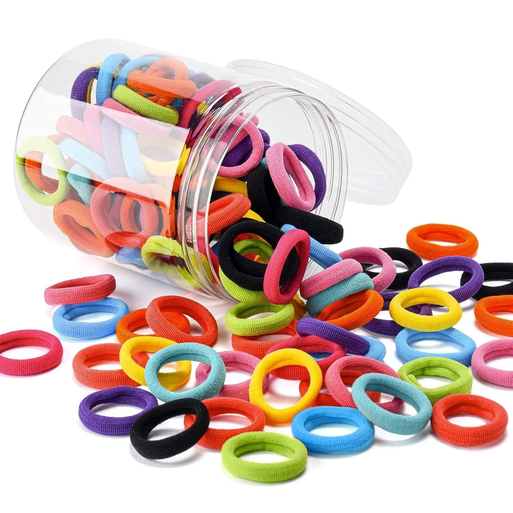 100-piece set of multicolour seamless cotton baby hair ties in small jar packaging