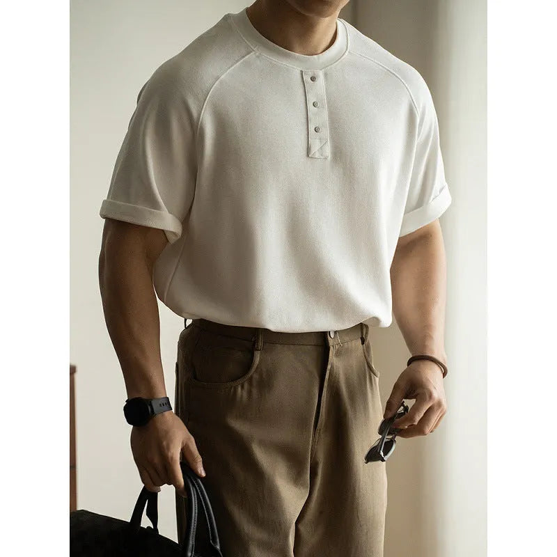 Casual raglan sleeve pullover top in terry fabric with loose fit and Asian sizing options