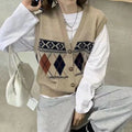 Loose sleeveless cardigan with diamond plaid pattern in khaki colour