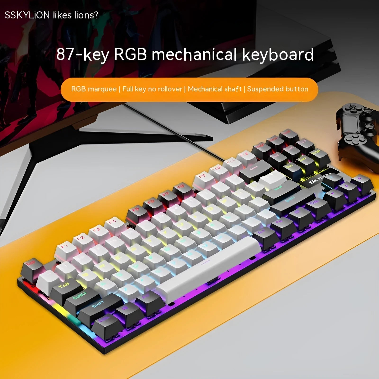 K87 mechanical wired keyboard in selected colour with Kailh Green or Red switches and metal base