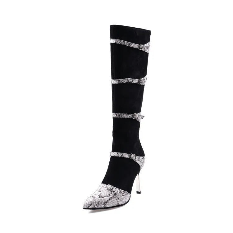 Grey and black women's knee-high boots with a thin high heel on a plain background.