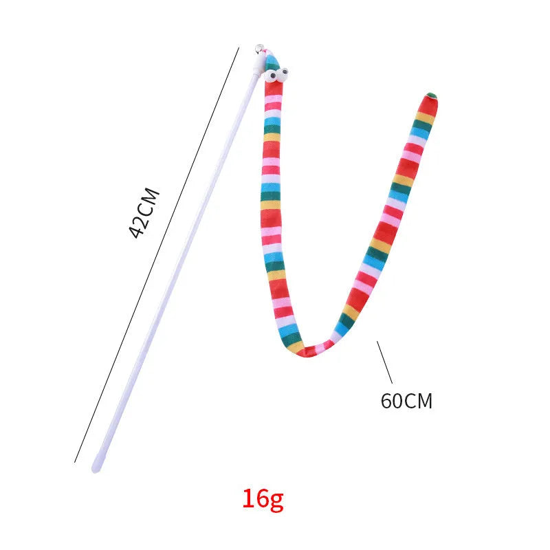 Cat wand toy with polycarbonate handle and long plush strip in vibrant colours