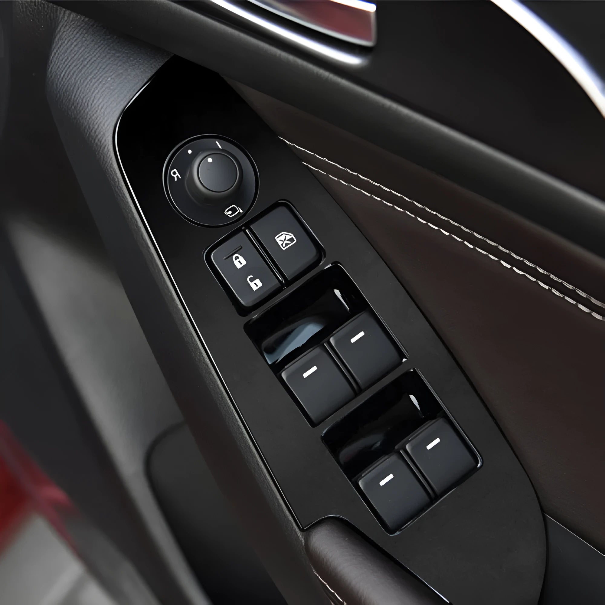 Four TPU protective films for 2014-2019 car door control panels in clear, carbon fibre black and matte black finishes