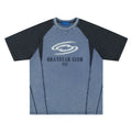 Men's blue raglan sleeve t-shirt with hip hop letter print design showing loose fit casual style