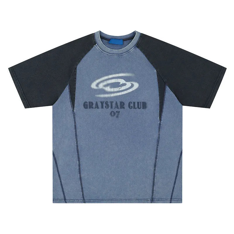 Men's blue raglan sleeve t-shirt with hip hop letter print design showing loose fit casual style