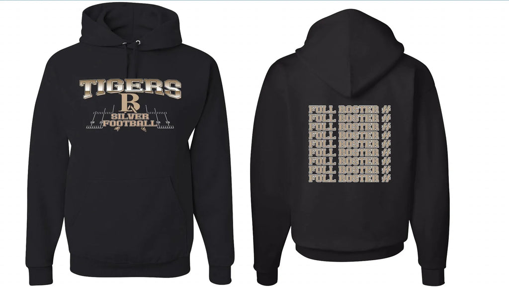 Black drop-shoulder sleeve pullover hoodie on a hanger.