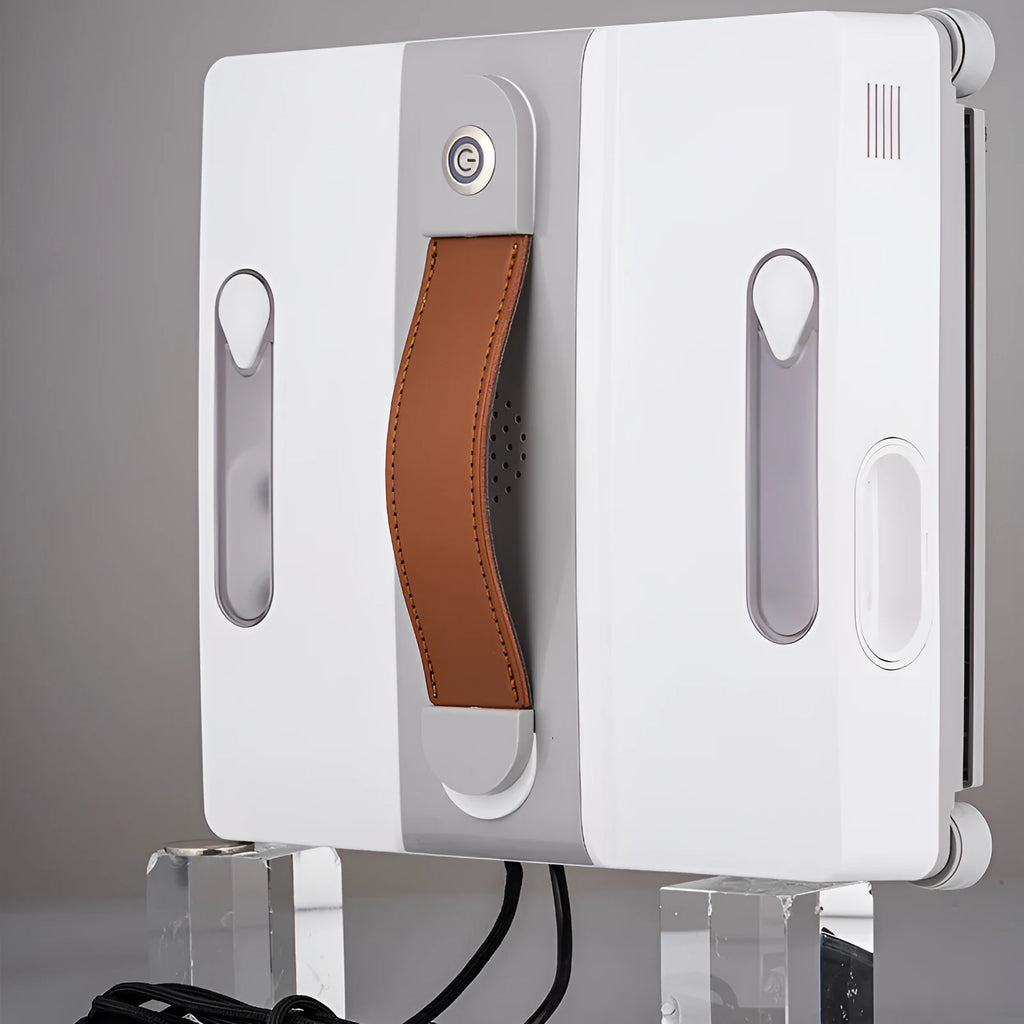 White intelligent window cleaning robot for high-rise glass surfaces, showing control app and water spray ports.