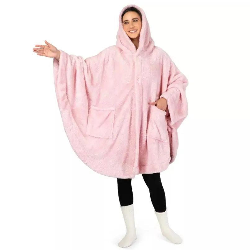 A heavy-weight hooded bathrobe in a cardigan style, shown in black, dark grey, and pink colour options.