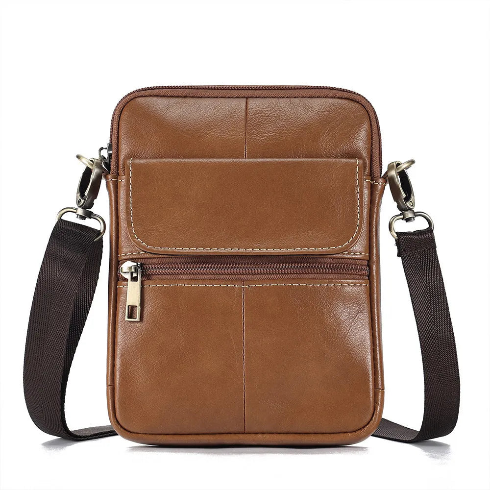 Men's brown leather crossbody shoulder bag with visible sewing lines
