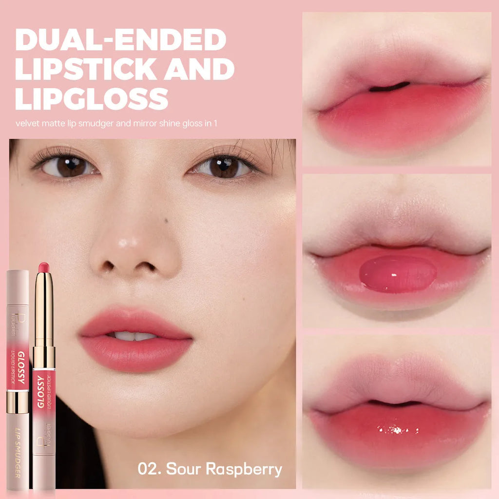 Double-headed lipstick and lip gloss cosmetic in 10 colour options with matte finish