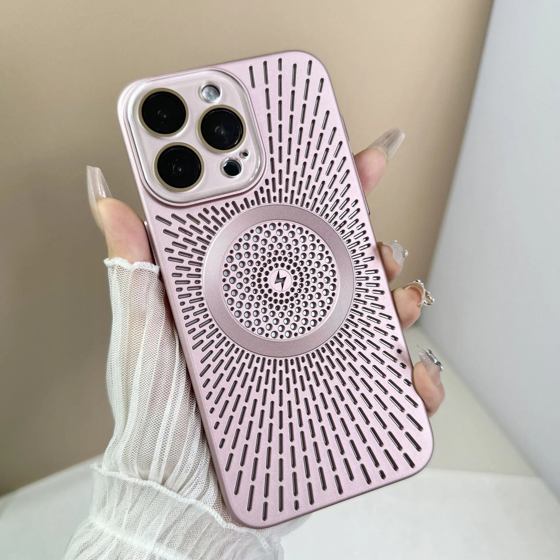 PC phone case with breathable heat dissipation hollow design in platinum black for iPhone 13