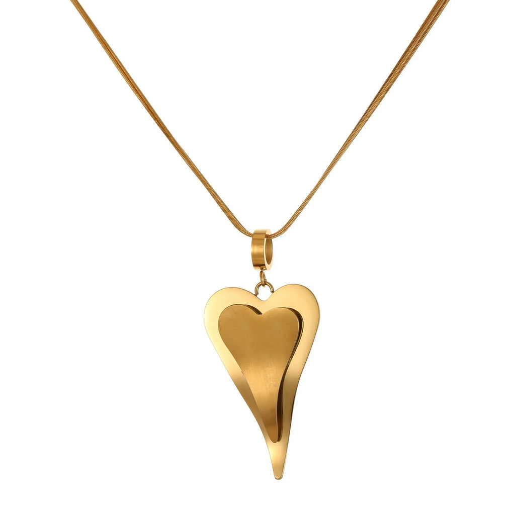 Geometric double heart and snake bones necklace in stainless steel with gold or steel finish on regular chain