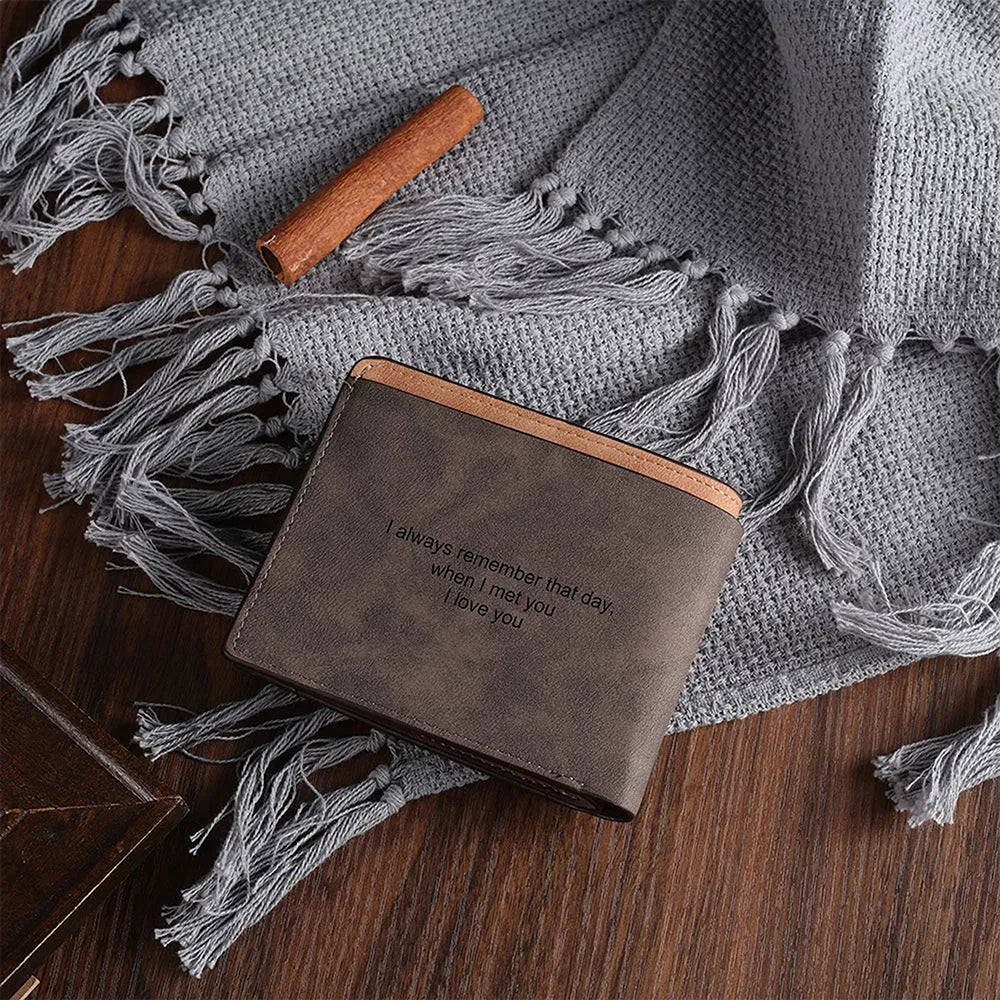 Engraved coffee coloured PU horizontal short wallet with custom lettering, shown with dimensions 120mm by 99mm.