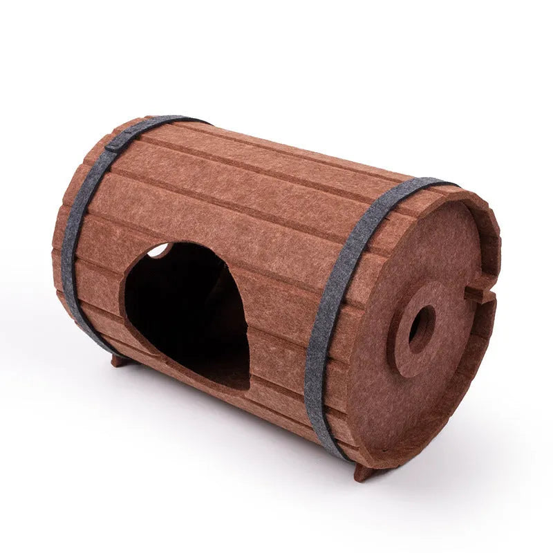 Wine barrel shaped cat bed assembled from three felt panels