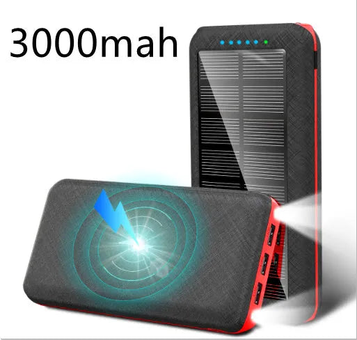 Black portable power bank with Qi wireless charging pad, three USB ports, and an LED flashlight on the front.
