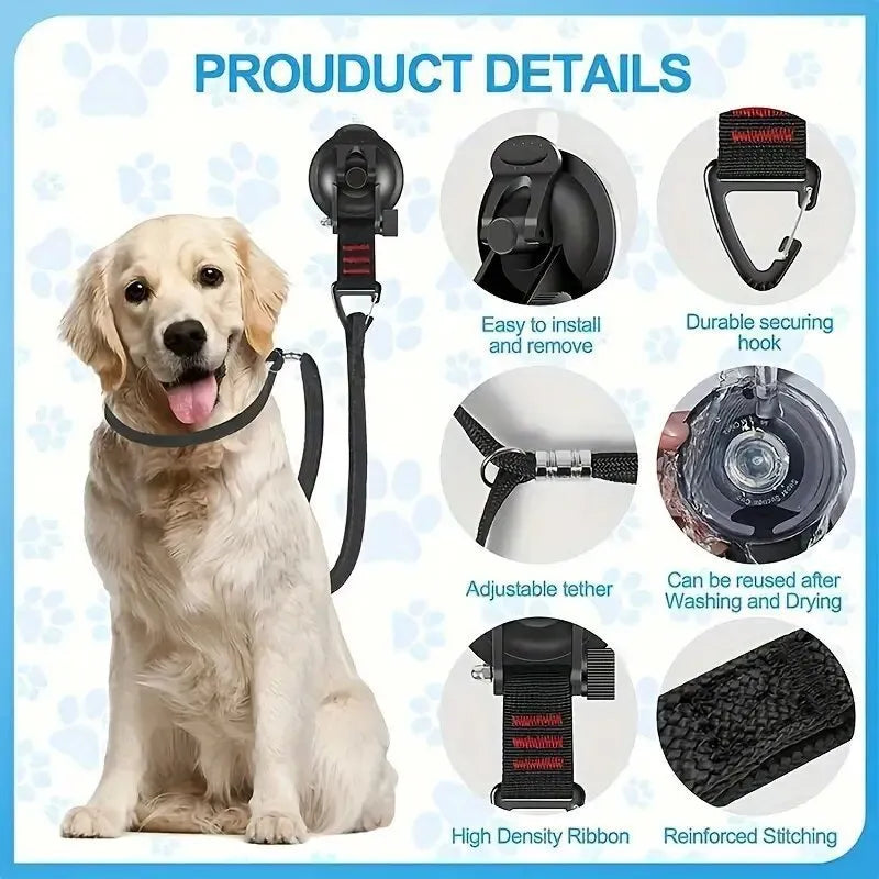 Black pet bathing restraint with four suction cups, a traction rope, and anti-bite handcuffs on a tiled wall.
