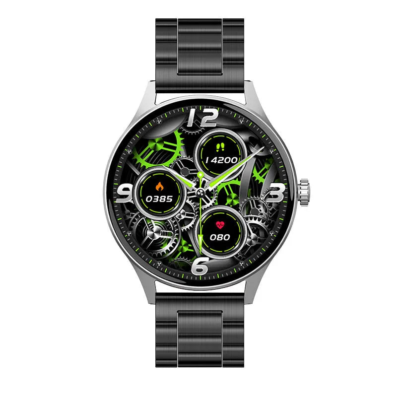 Smart watch with AMOLED display showing health metrics on black Milan steel strap