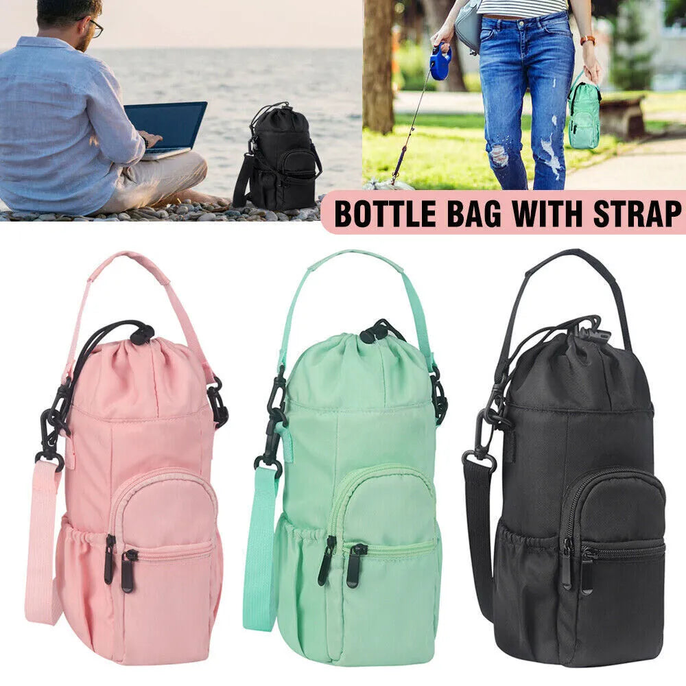 Soft cloth water bottle pouch with adjustable strap shown in black, green, and pink colour options.