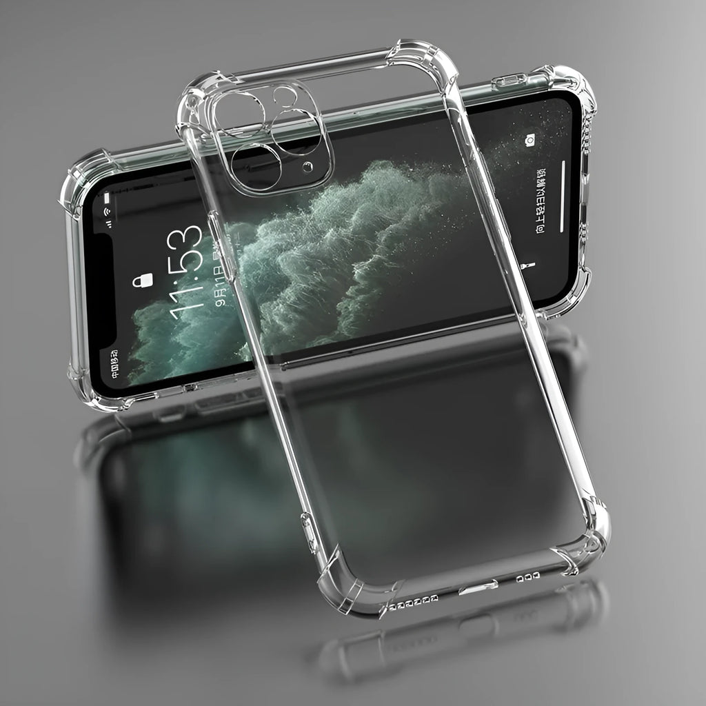 Clear transparent shockproof TPU back cover case for Apple iPhone on a table.