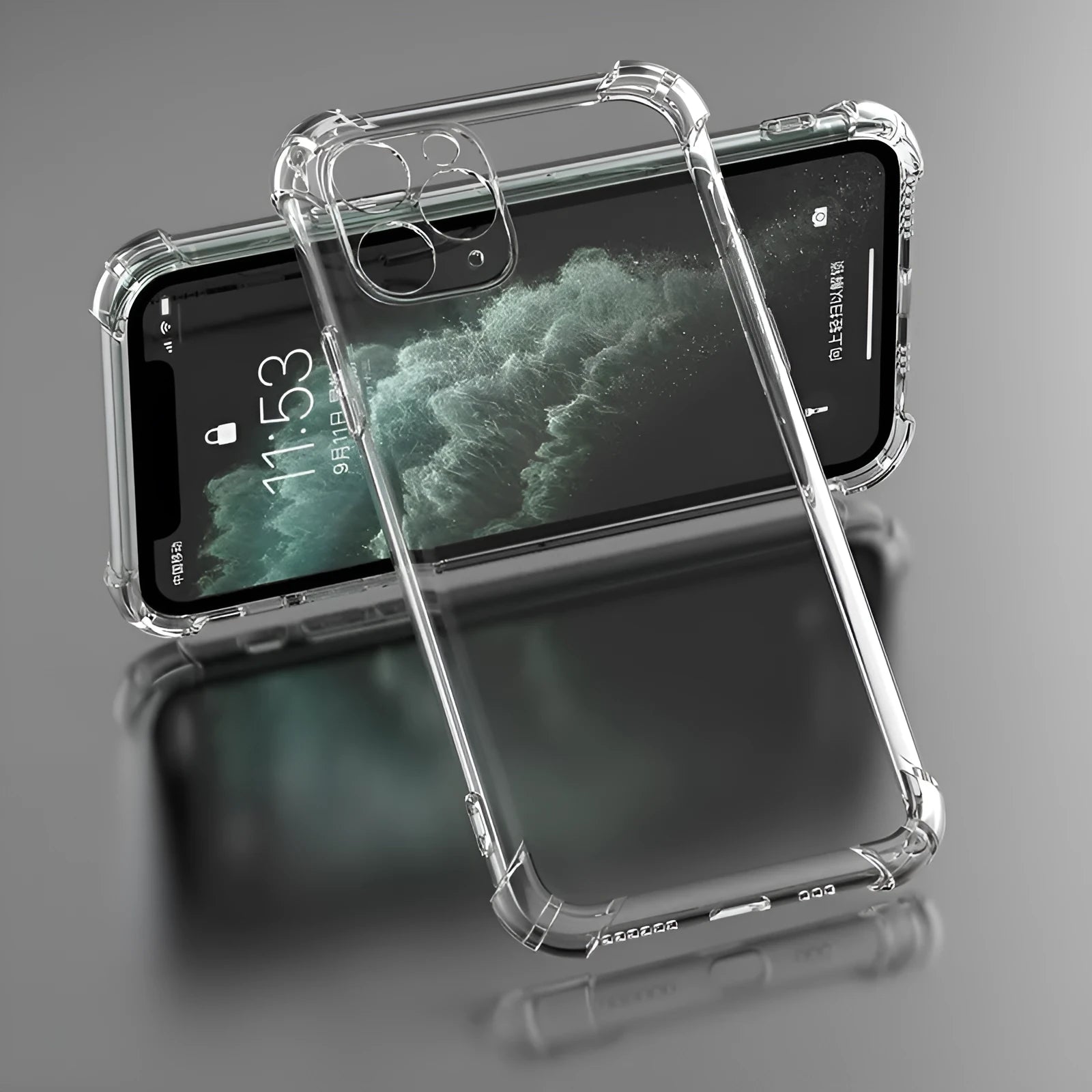 Clear transparent shockproof TPU back cover case for Apple iPhone on a table.