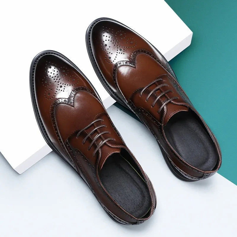 Men's black and brown brogue shoes with business styling and PU leather uppers