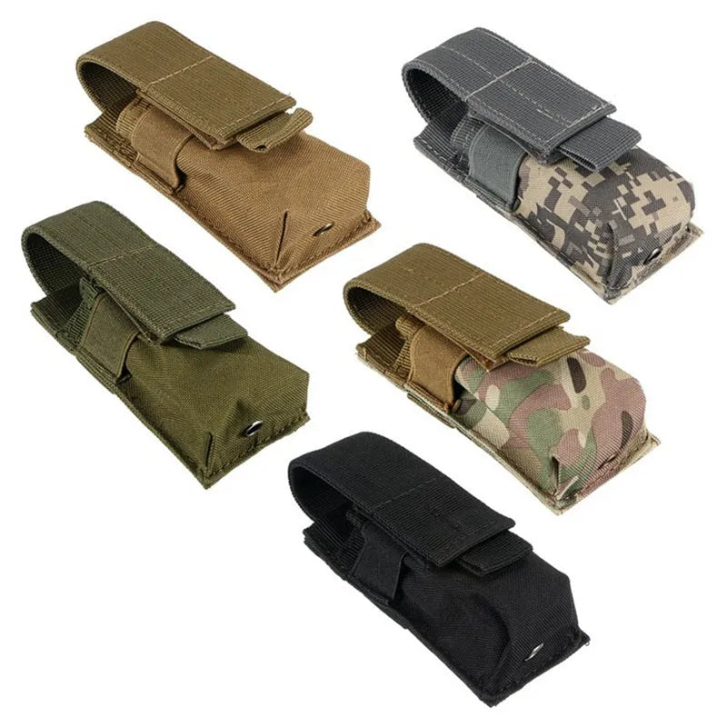 Black military tactical waist bag with MOLLE webbing and elastic cord closure